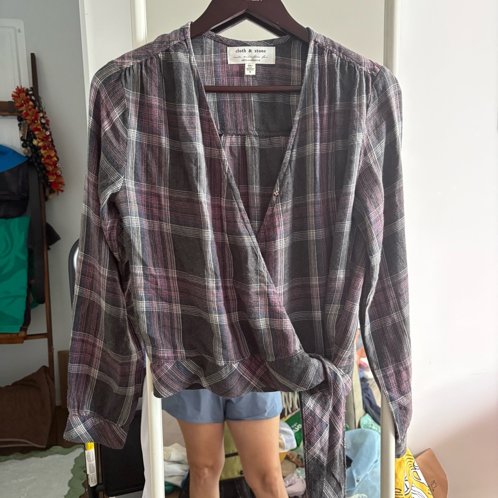 Cloth & Stone for Anthropologie Plaid Wrap Top - gray and Purple